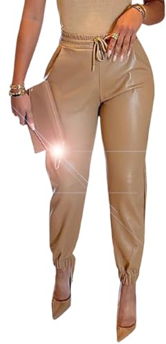 NIGHTMISS Womens High Waisted Faux Leather Drawstring Jogger Pants with Pocket Tapered Loose Casual PU Leather Trousers(KH-M)