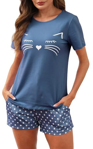 Reliwel Pyjamas, dam, kort pyjamas-set, bomull, tvådelad, nattkläder, sommar, sovkläder, hemmakläder, kvinnor, vardagskläder, set, kortärmad, shorts med dragsko och sidoficka