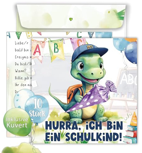 TOBJA 10er Set Einschulung Einladungskarten Inklusive bedruckte Umschläge Süßes Dino Design Einladung Einschulung Junge und Mädchen (Dino)