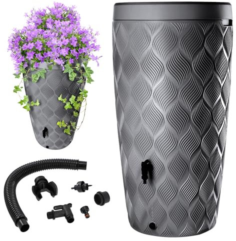 KADAX Regentonne mit im Deckel integrierter Pflanzschale 240 L, Regenfass aus Kunststoff, Regenwasserbehälter mit Wasserhahn, Frostsicher Regentank (Dunkelgrau)