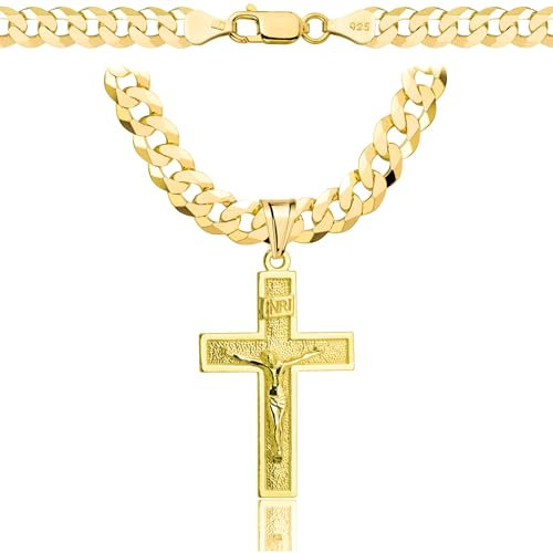 AMAR goldketten herren kreuz 585, Kette Herren 925/585 - goldkette 585 massiv Kreuzkette - Halskette, dicke 6,5 mm Panzerung, vergoldetes Silber