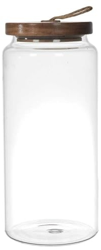HOME DECO FACTORY - KA0262 Bocal en Verre avec Couvercle en Acacia - Design Élégant pour Cuisine - Conservation Optimale - Facile à Nettoyer - Hauteur 23 cm - Transparent et Marron