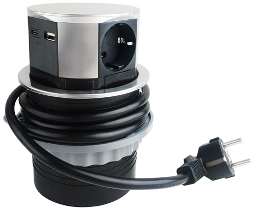 Inbyggt uttag med 3-vägsuttag USB-A USB-C multiuttag i rostfritt stål med 150 cm kabel 230V för kök, skrivbord, bänkskivor