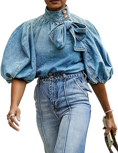 Tbahhir Women's Denim Blouse Blue Bow Tie Jean Shirt Puff Sleeves Mock Neck Cropped Top Casual