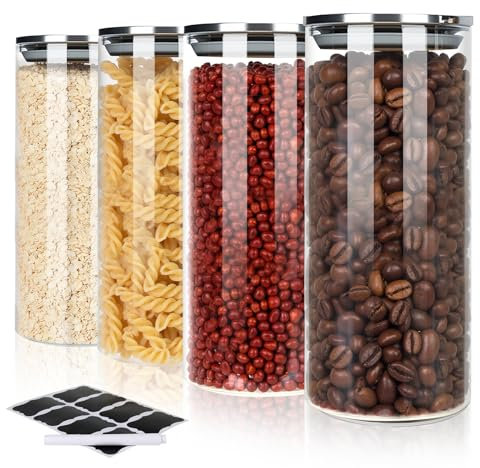 FoiiLiio 950ml Tarros de Cristal con Tapa Botellas Vidrio Juego de 4 Botes de Cristal con Tapa Aceros Inoxidables Frascos de Vidrio Hermética Dispensador Cereales, para Cereales Judías Avena