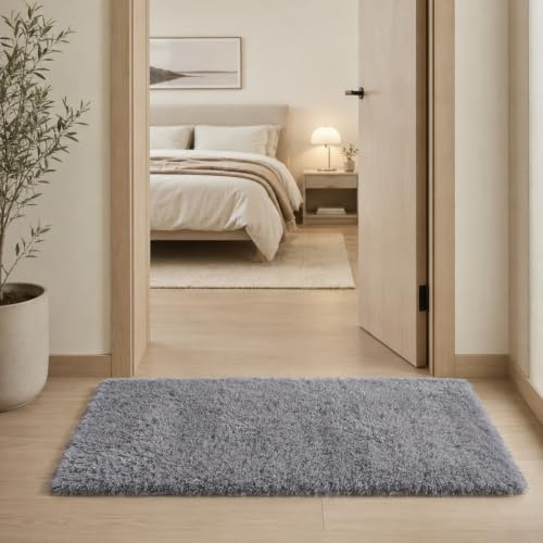 BEIMO Small Fluffy Faux Fur Bedside Rug 50x80cm, Soft Shaggy Rugs for Bedroom, High Pile Rugs, Non Shedding Plush, Solid Colour Shaggy Rug for Living Room, Grey