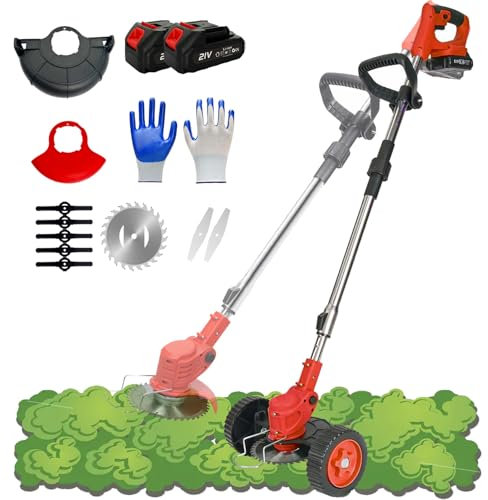 Hooha Rasentrimmer mit Messer Handmäher Bürstenloser Rasenkantenschneider Akku 2000mAh 21V Abnehmbar Rollen Ladegerät Effizient Leichter Freischneider 18000 U/min für Hecke Damit Geschnitten 880W