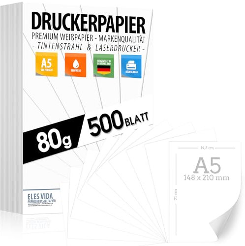 Druckerpapier 80g weiß A5-500 Blatt – 14,8 x 21 cm - PREMIUM PAPIER Reinweiß - Kopierpapier, Laserdrucker & Tintenstrahl für Uni, Fotografie, Büro & Office - MADE IN GERMANY - ACHTUNG DIN A5
