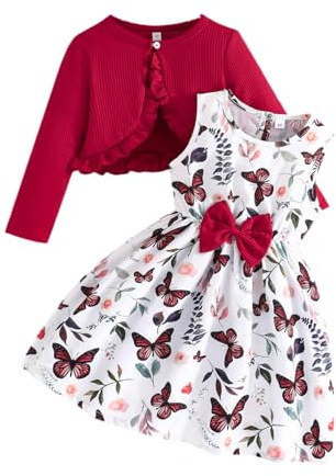 Yanmucy Set i 2 delar, klänning och kofta för småbarn, flickor, blommig klänning med volang, kofta, tröja, helt set med kläder, vårkläder för barn 2–12 år
