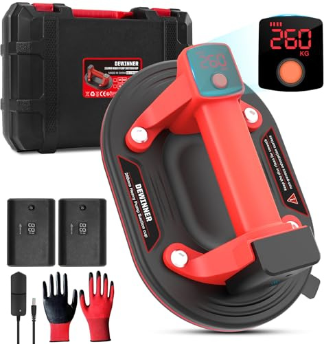 Ventosa elettrica con manometroDEWINNER 10'' Ventose Per Vetro, Singola Ventosa con Portata di 260 Kg, Professionale Ventosa Per Piastrelle, 2 * 3000 Mah Batteries, Display LCD, Ideale Per Sollevare