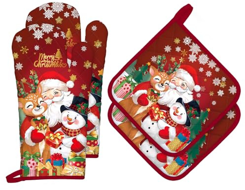 Arquiel Ofenhandschuh und Topflappen Weihnachtsmann 4er Set, 100% Baumwolle Kochhandschuhe, Hitzebeständiger Küchenhandschuh zum Kochen, Weihnachten Küche Dekor Geschenke für Frauen
