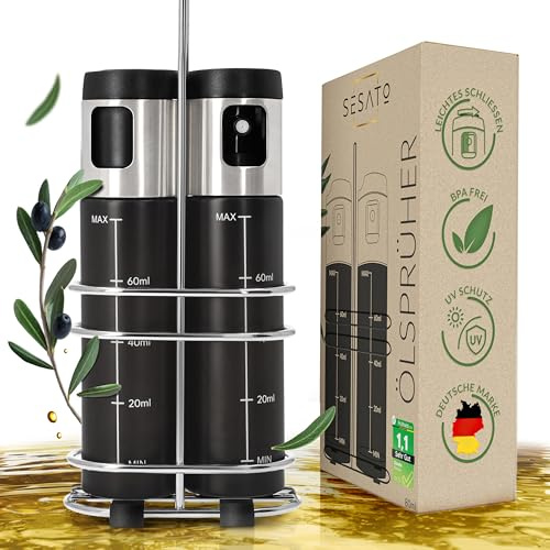 SESATO® | 𝑷𝒓𝒆𝒎𝒊𝒖𝒎: Ölsprüher im 2er Set | hygienisch verschließbar, plus UV-Schutz, Öl Sprühflasche, Vielseitiger Oil-Sprayer - Edelstahl Sprühkopf – BPA-frei zum Kochen für die Küche