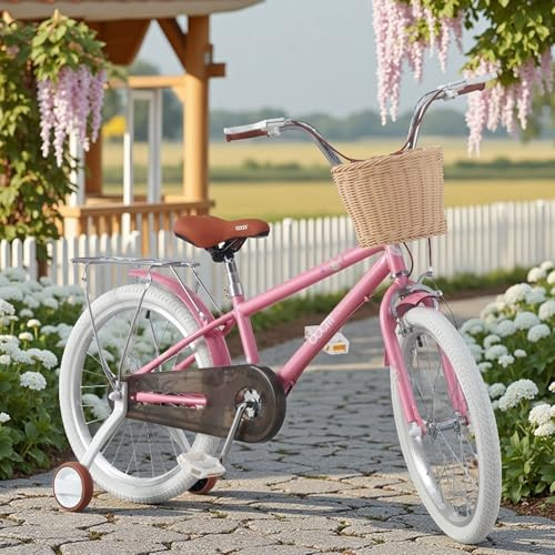 BSTSEL Kids Bike 16 18 20 22“ Pink Baby Girls Children Bicycle with Basket, Rear Bracket, Silent Stabilizers and Double Brakes Ages 5-12 Years Old 16-20 inch Girls Bike Gift (20 inch)
