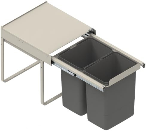 FurniFit Inbyggd papperskorg för 45 cm skåp 2-vägs avfallssystem med lock Soft-Close & fullt utdrag 2 x 20 l frontmontering silverfärger