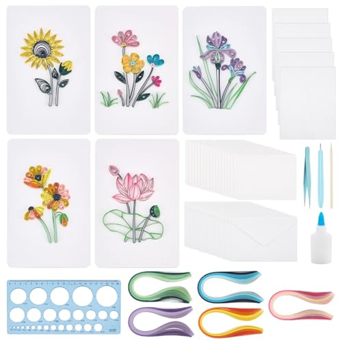 WEBEEDY Set di 20 kit per quilling, 5 stili, kit per la creazione di biglietti con fiori e istruzioni per adulti e principianti, fatti a mano, 3D, girasole, loto, tulipani, biglietti di carta per