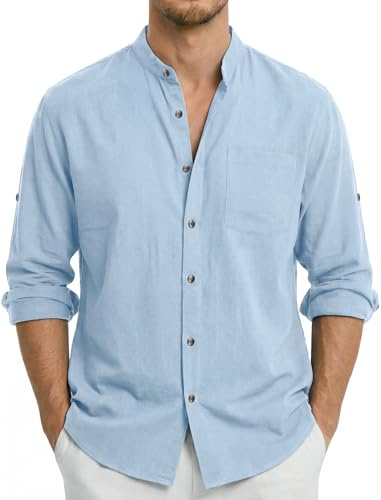 Enlision Camicia di Lino Azzurro Chiaro Camicia da Uomo Manica Lunga Estiva Collo Coreana con Bottoni e Maglia da Spiaggia Casual Henley Shirts M
