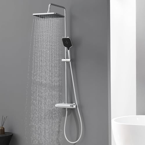 Auralum Duschsystem mit Thermostat und Glasablage, Duscharmatur Komplettset mit 12 Zoll Regendusche Kopfbrause, 3 Strahlarten Duschkopf Wassersparend, Höhenverstellbare Duschstange, Eckig, Chrom