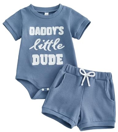 Caziffer Baby Boys Summer Clothes 2pcs Outfits Letter Embroidery Crew Neck Short Sleeve Rompers Bodysuit Drawstring Shorts Newborn Waffle Knit Playsuit Set