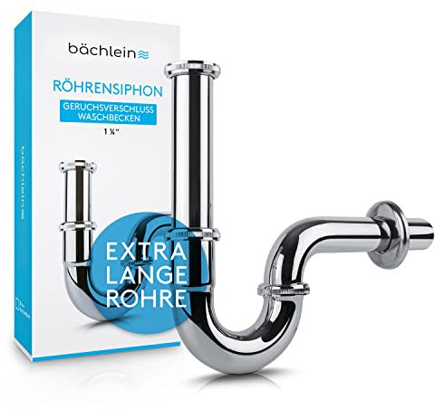 Bächlein Universal Röhrensiphon [extra lang] für Waschbecken & Waschtisch - Ablaufgarnitur, Chrom Siphon inkl. Gummimanschette für Wandanschluss - Geruchsverschluss, Abflussgarnitur