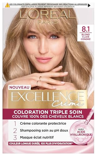 L’ORÉAL PARIS - Coloration Cheveux Permanente Triple Soin - Couvre 100% des Cheveux Blancs - Excellence Crème - Nuance : Blond Clair Cendré (8.10)