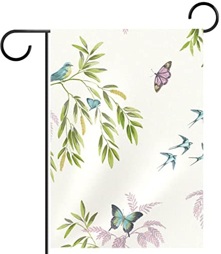 Drapeau de jardin vintage avec motif hirondelle, oiseaux, papillons, arbres, 71 x 101 cm, double face, pour décoration extérieure, ferme, vacances, printemps, été, bannière