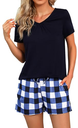 Marvmys Pyjama ete Femme, Short Pyjamas Femme Coton Pyjama à Manches Courtes pour Femme T-Shirt de Nuit Confort Manche Courte Pyjama Femmes Vêtements de Nuit #3 Bleu Marine S