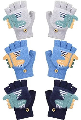 Bencailor 3 Pares Guantes Convertibles de Dinosaurio sin Dedos Tejidos de Niños con Cubierta (Azul Cielo, Azul Claro, Amarillo Tierra)