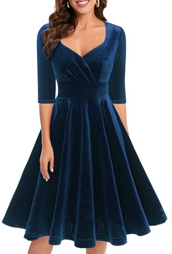 Bbonlinedress Velluto Abito delle Donne Elegante al Ginocchio Scollo a V Manica Lunga Abiti Invernali Abiti Festivi Partito Abito Cocktail Abiti di Natale Navy XS