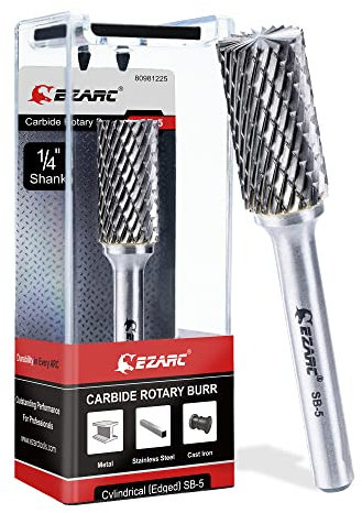EZARC SB-5 Rebaba de carburo de tungsteno con vástago de 1/4 pulgadas, broca de corte con forma de cilindro giratorio de doble corte para trabajo de metal de acero, pulido y grabado