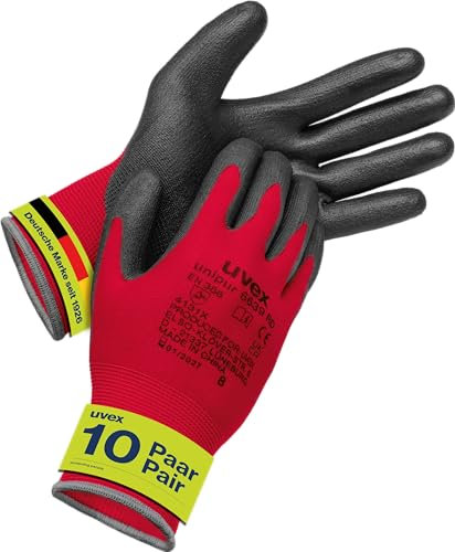 Uvex unipur 6639 Lot de 10 paires de gants de montage pour zones sèches et légèrement humides Légères, sensibles et résistantes à la saleté Rouge/noir Taille 10/XL