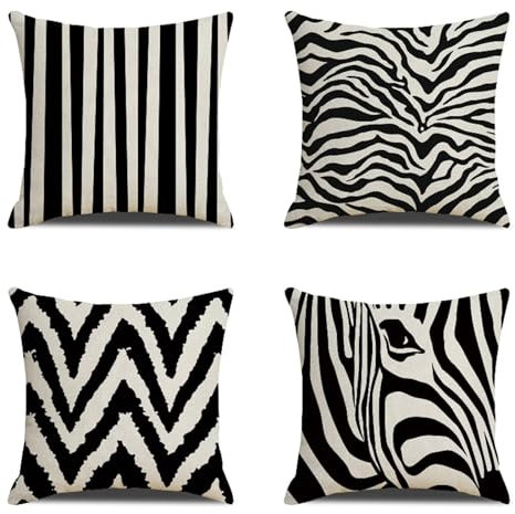 Wasserdichte Kissenbezugen 4er Set 40x40cm Dekorative Outdoor Kissen Wasserfest Atmungsaktiv Zebra Platz Weich Kissenbezüge für Sofa wohnzimmer Garten Outdoor Dekorative Kissen Schwarz Weiß W-4272