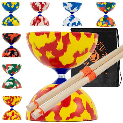 Jester Diabolo Set with Wood Sticks - Pro Medium Rubber Diablo Set With Wooden Handsticks and Cascade Carry Bag (Red and Yellow)