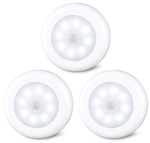 STAR-SPANGLED Motion Sensor Lights Indoor, Cordless Stick on LED Puck Lights AA Battery Powered for Under Cabinet, Cupboard, Wardrobe, Stairs, Closet, Kitchen, Hallway (3.1inch, Cool White, 3 Pack)