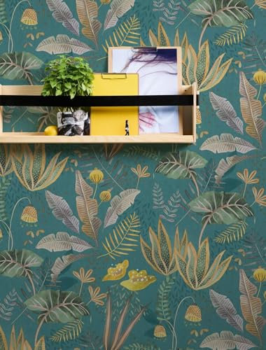 Tapete Floral Petrol Grün Gelb Grau - Livingwalls Famous Garden 393483 - Vliestapete - 10,05 m x 0,53 m - Made in Germany