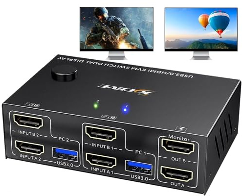 USB 3.0 HDMI KVM Switch 2 PC 2 Monitore 4K@60Hz 2K@144Hz, Dual Monitor KVM Switch EDID Emulator, HDMI2.0 Switches mit 4 USB 3.0 Port für 2 PC Teilen Maus, Tastatur und 2 Monitore, Desktop-Controller