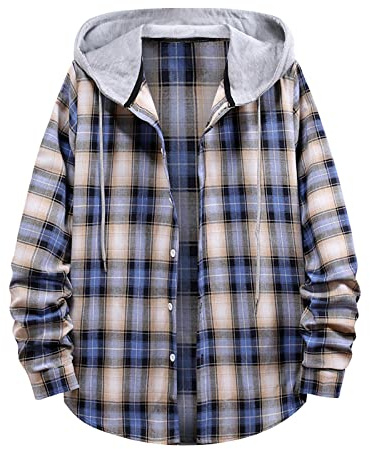 Yolimok Plaid Hoodies for Men Plaid Shirts Cardigan Long Sleeves Blouse Drawstring Hooded Jackets Button Down Blazers Autumn Button Open Qualified Sub Shirt Outdoor Wind Proof Warm Clearance