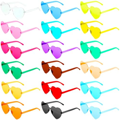 Qintora 18 Paia Occhiali da Sole a Cuore, Senza Montatura, Occhiali Colorati Trasparenti per Festa Hippie, Carnevale, Halloween, Addii al Celibato, Adulti e Bambini