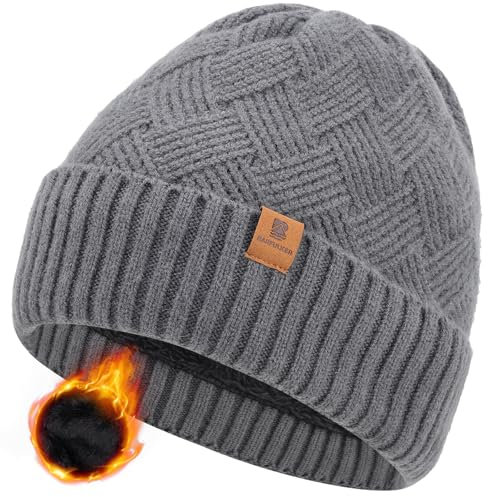 BARFULKER Winter Beanie Mütze Herren Damen Warm Gefüttert Wintermützen Thermo Strickmütze Laufmützen Dehnbare Weiche Wollmütze Unisex Hat,Grau