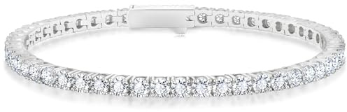 KRKC&CO Tennisarmband Armband Damen, 3mm Tennis Armband Weißgold beschichtet, Zirkonia Kristall Armbänder Silber Iced Out, Hochzeit Geburtstag Geschenk für Frauen Mädchen [Größe 19cm]