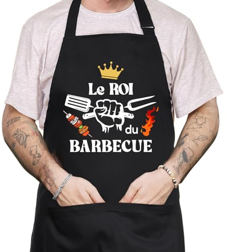 FUKPO Tablier Cuisine Homme Personnalisé, Réglable Tablier Professionnel Humour Rigolo Drole Barbecue Bbq Noir, Tablier de Cuisine Coton Cadeau Fete Des Peres Saint Papa Valentin Noel
