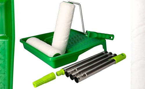 ToolSpace Malerset - 2x Farbroller Mikrofaser 25cm Edelstahl Teleskopstange (0,6-1,5m) Set Farbwanne Teleskopstab Saugfähig Absorbierend Farbrollen mit Farbwalzen Acryl Latex Silikat Dispersionfarben