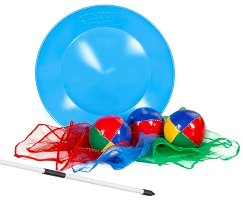 Juggle Dream Set da giocoliere (blu) con asta, 3 panni da giocoleria Junior (rosso, blu, verde), 3 palline da giocoliere Pro Thud (multicolore)