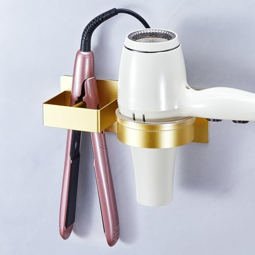 LOXSUN Föhn Halterung Ohne Bohren, Föhn und Glätteisen Halterung, Föhnhalter Wand, Selbstklebend Haartrocknerhalter, Metall Fönhalterung für Bad Barbershop Hotel (Gold)