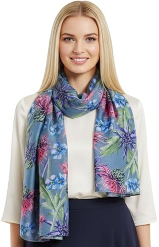 GFM® Women’s Premium Scottish Thistle Scarf–Large 180x90cm Soft Lightweight Luxury Shawl Wrap – Elegant Scotland Heritage Gift for Her–All Season Accessory-(TH-33-Denim Blue)(FLD- PSCF-TH-25033-DNM)