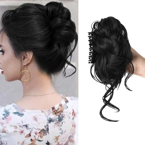 XFSRG Haarschmuck Klaue Clip in Messy Bun Haarteil Lockig Chigno Haardutt Haarverlängerung Pferdeschwanz Haarteile Haar für Frauen und Mädchen(Natürliches Schwarz)