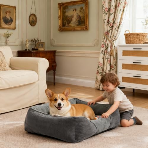 Heymamba Small Dog Beds and 17CM High Puppy Bed&Appearance with Anti Bite Line Arrangement Design, Dog Cat Bed with Cool Suede Fabric Inside Small Pet Sofa Bed for French Bulldog/Corgi, 53x50x17cm
