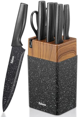 Yabano Juego de Cuchillos de Cocina 7 Piezas con Bloque y Afilador Integrado, Lamas de Acero Inoxidable Ultra Afiladas, Bloque de Plástico Resistente (Moteado)
