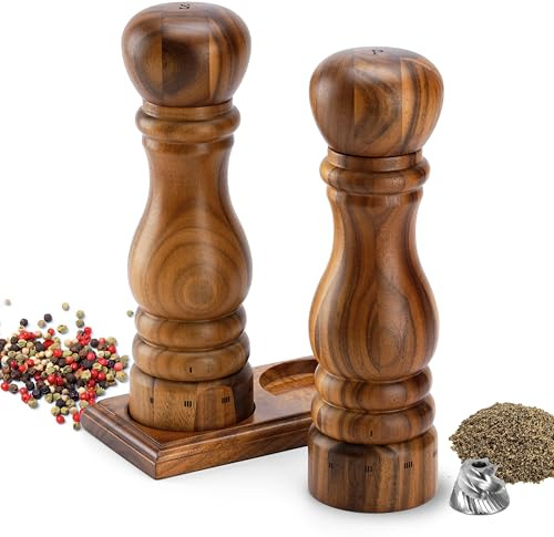 Aurevit Juego de Molinillos de Sal y Pimienta de Madera, Manual con Núcleo de Cerámica/Acero Inoxidable, Recargable, Madera de Acacia, Ajuste de Grosor Externo, 23 cm