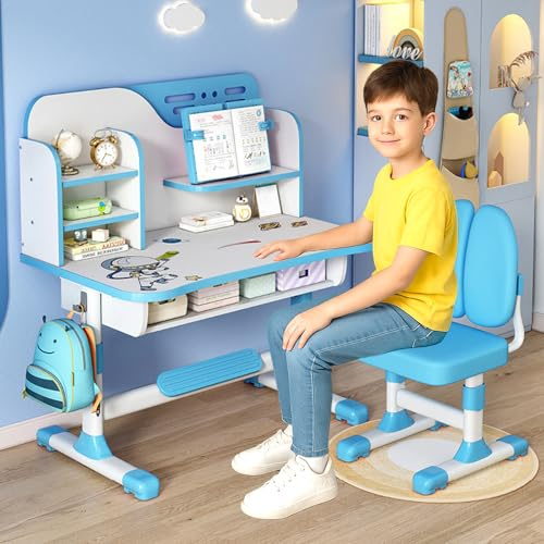 joukares Kids Study Desk Chair Set, Height Adjustable Children School Study Table Chair Set, Ergonomic Desk Chair with Large Writing Board, Bookshelf and Drawer, Birthday Gifts (Blue)