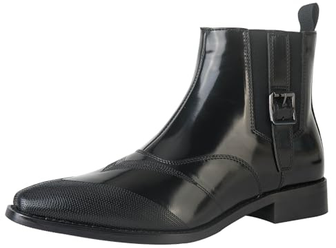 POTENCE STAR Men's Patent Ankle Boots, Buckle Strap Chelsea Boots with Textured Toe, Stylish Dress Boots for Work & Daily